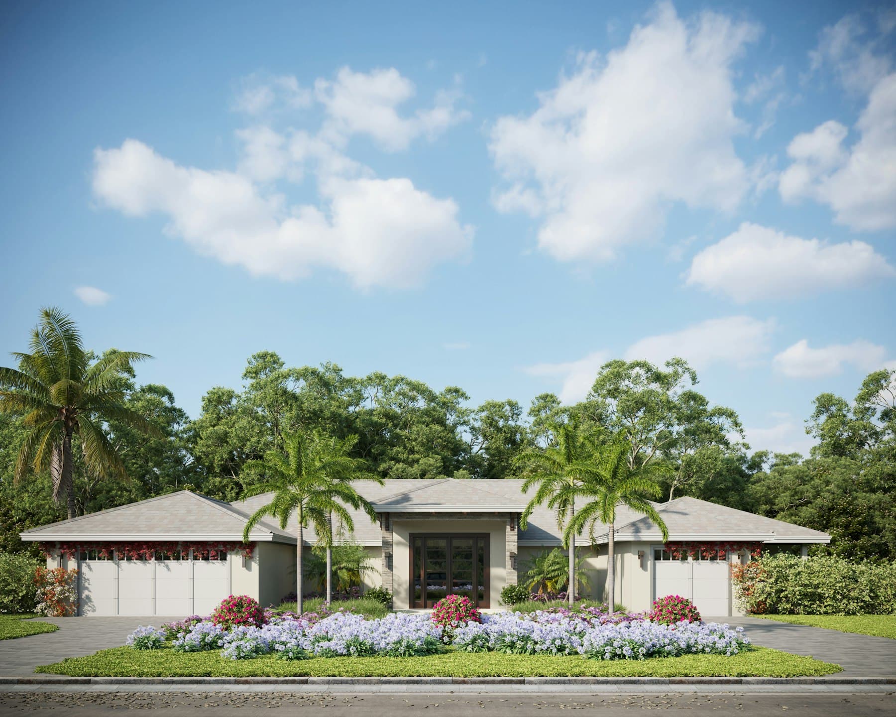 Single-story stucco home framed by palm trees and flowering landscaping